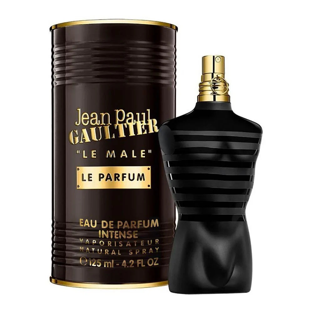 Jean Paul Gaultier Le Male Le Parfum perfume bottle and packaging on a white background