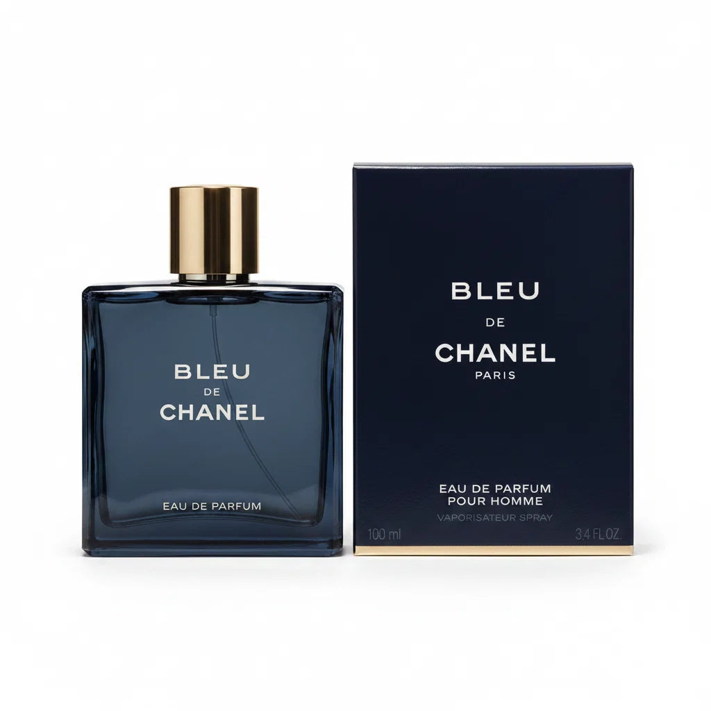 Bleu de Chanel perfume bottle and packaging on a beige fabric background