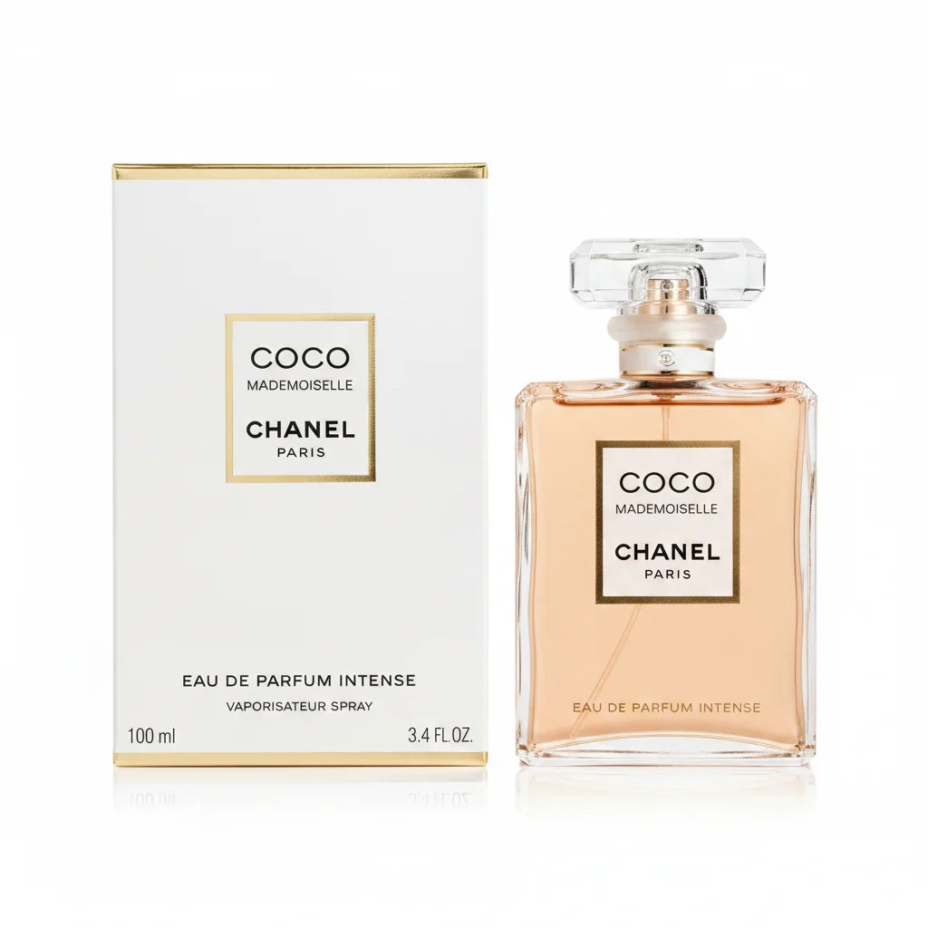 Chanel Coco Mademoiselle perfume bottle and packaging on a white background