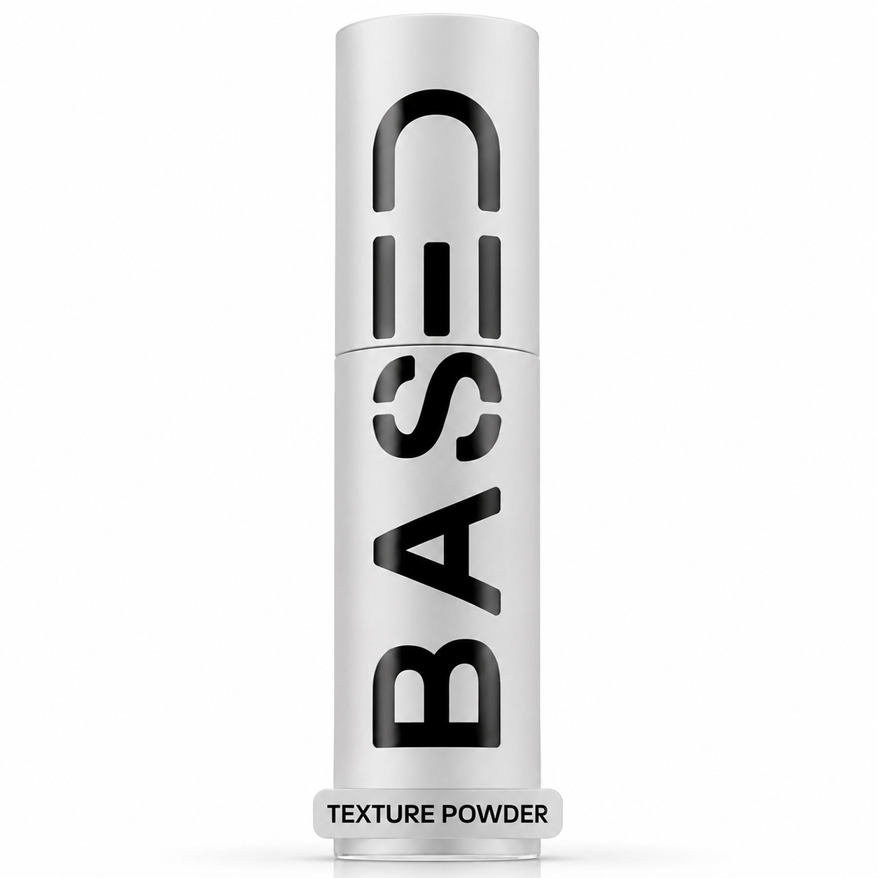 A silver cylindrical cosmetic tube labeled 'BASED TEXTURE POWDER' in bold black lettering, centered on a plain white background.
