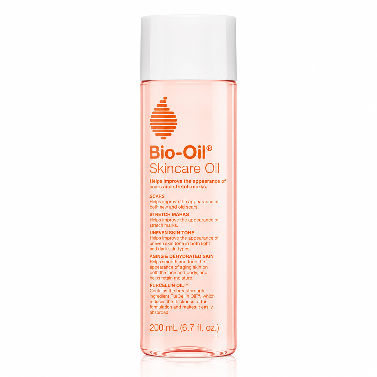 Bio-Oil Skincare Oil in a clear bottle with a white cap, showing the pinkish-orange liquid inside, on a white background.