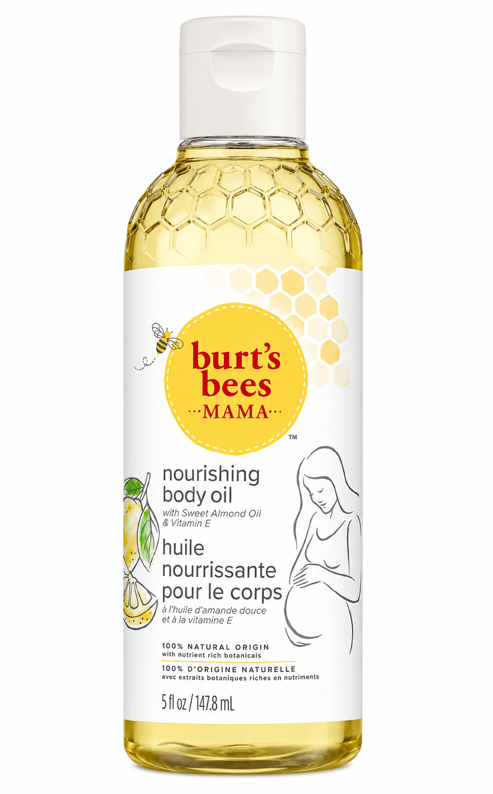 Burt's Bees Mama nourishing body oil bottle on a white background