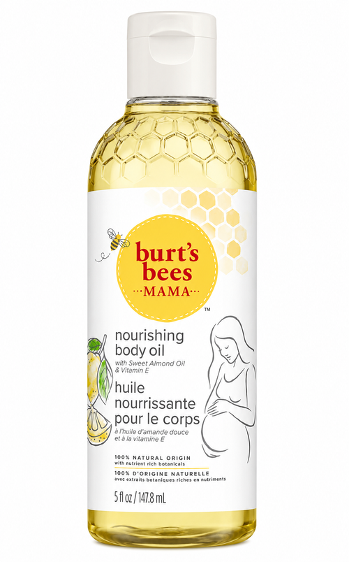Burt's Bees Mama nourishing body oil bottle on a white background