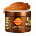Caroten Gold Shimmer Intensive Tanning Gel jar with a swatch of gel on a white background