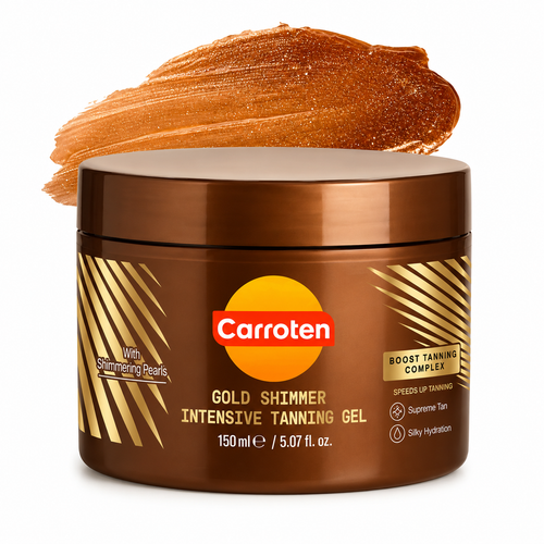 Caroten Gold Shimmer Intensive Tanning Gel jar with a swatch of gel on a white background