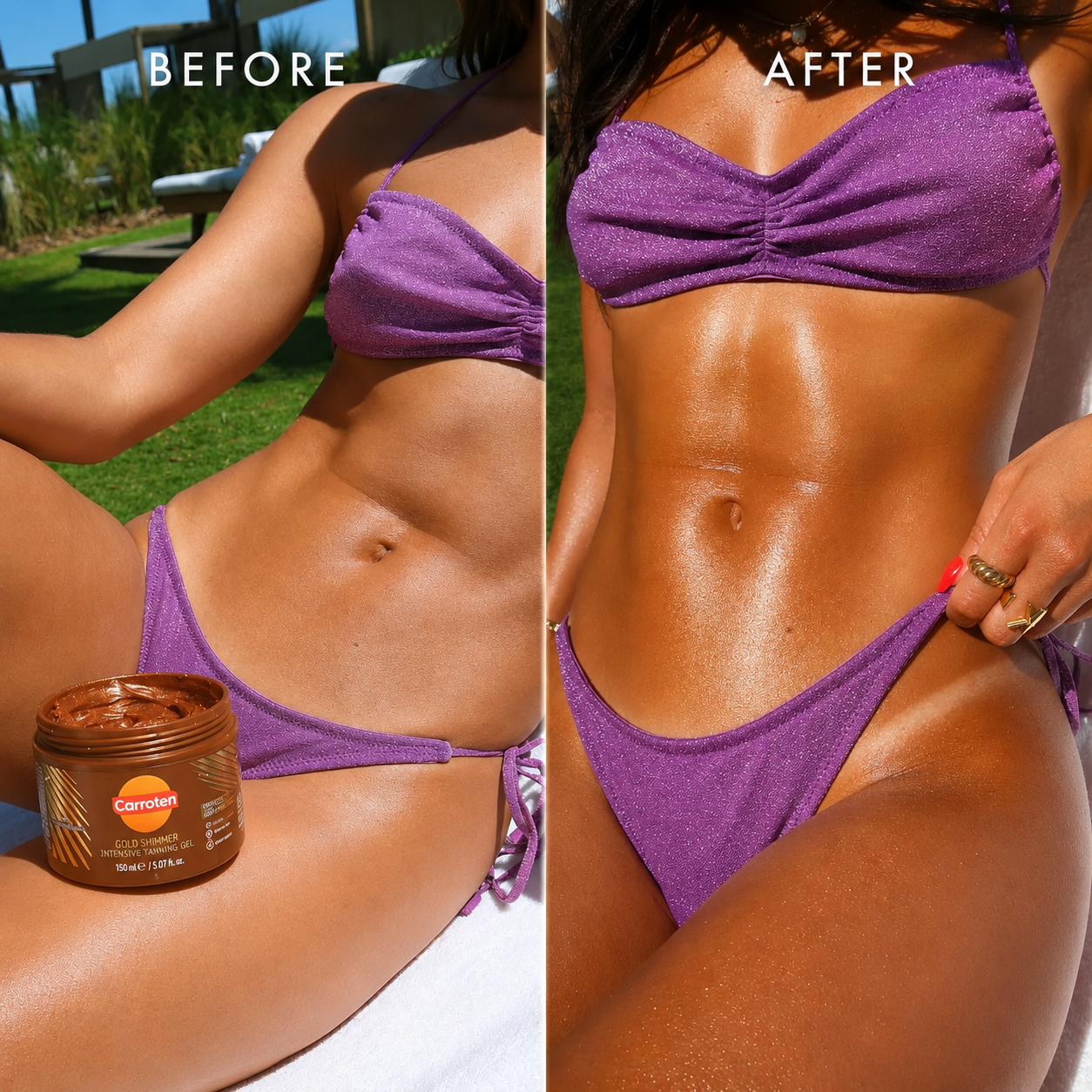 Before and after comparison of a person in a purple bikini with a jar of Caramell sunscreen.