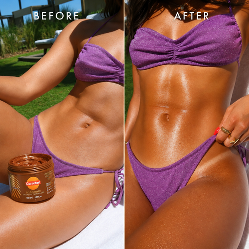 Before and after comparison of a person in a purple bikini with a jar of Caramell sunscreen.