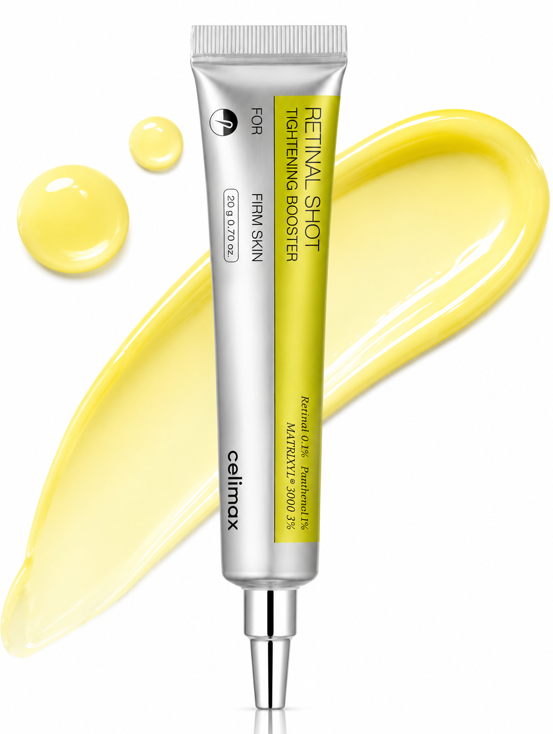 A silver squeeze tube of Cellmax Retinal Shot Thickening Booster with a yellow-green label, shown on a white background with a yellow cream smear and droplets behind it.