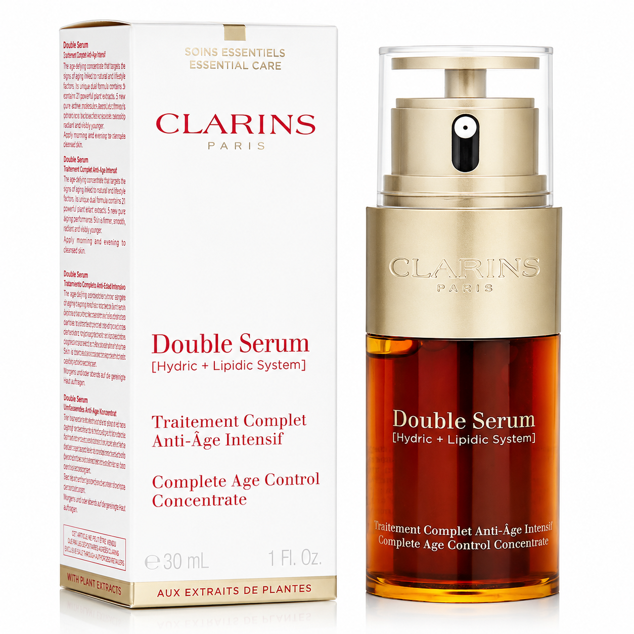 Clarins Double Serum bottle and packaging on a white background