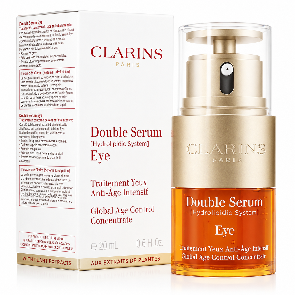 Clarins Double Serum Eye packaging with serum bottle and box on a white background