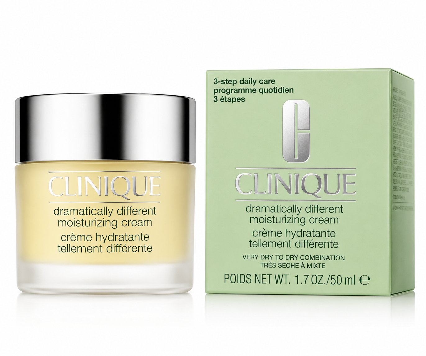 Clinique moisturizing cream jar and packaging on a white background