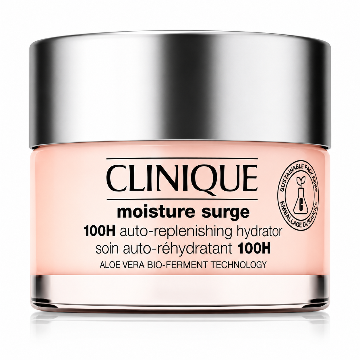 Clinique moisture surge 100H hydrator jar with pink label and silver lid on white background