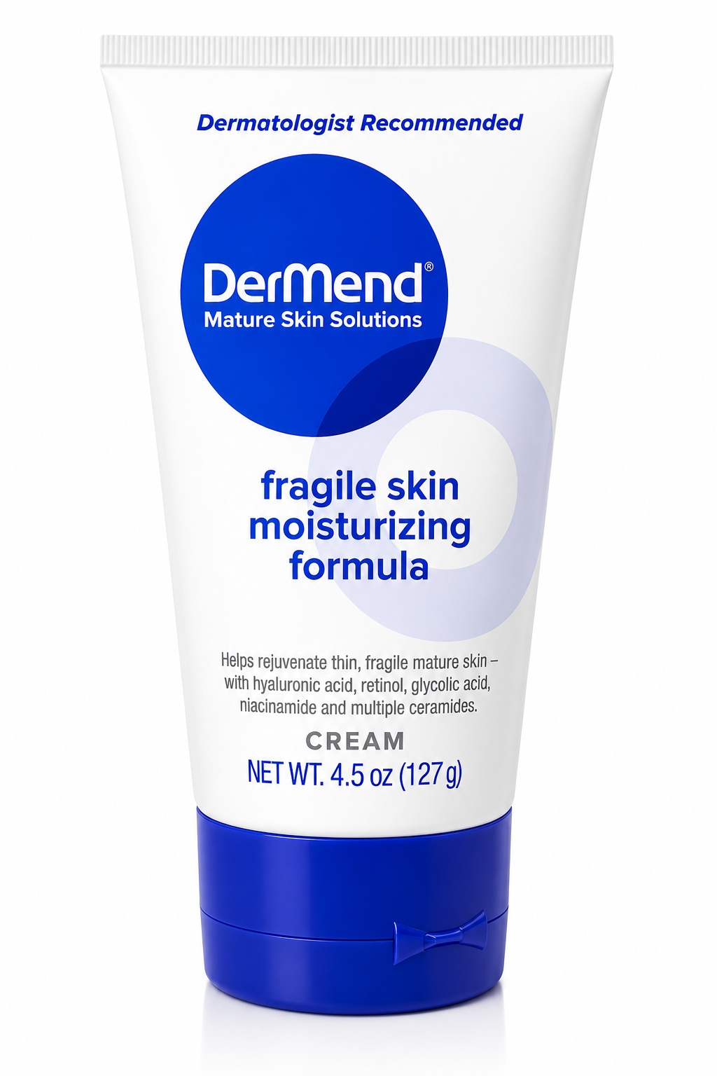 Dermend fragile skin moisturizing formula cream tube on a white background