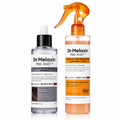 Two Dr. Melaxin Peel Shot skincare products on a white background: a clear dropper bottle of Exfoliating Black Rice Ampoule and an orange spray bottle of Exfoliating Kojic Acid Turmeric Spray.