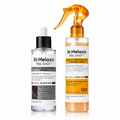 Two Dr. Melaxin Peel Shot skincare bottles on a white background: a clear dropper bottle with a black cap and a spray bottle with an amber trigger sprayer and orange liquid.
