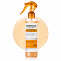 Dr. Melaxin Peel Shot Turmeric Spray in a clear plastic bottle with an amber trigger spray top, shown against a white background with a large translucent amber circle graphic behind it.