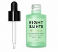 Green serum bottle with dropper labeled 'Eight Saints' on a white background
