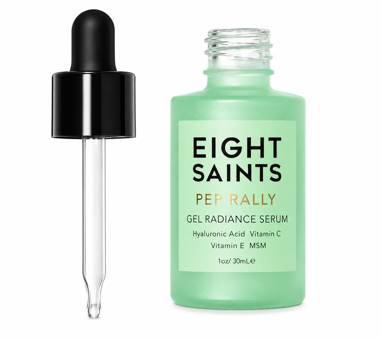 Green serum bottle with dropper labeled 'Eight Saints' on a white background