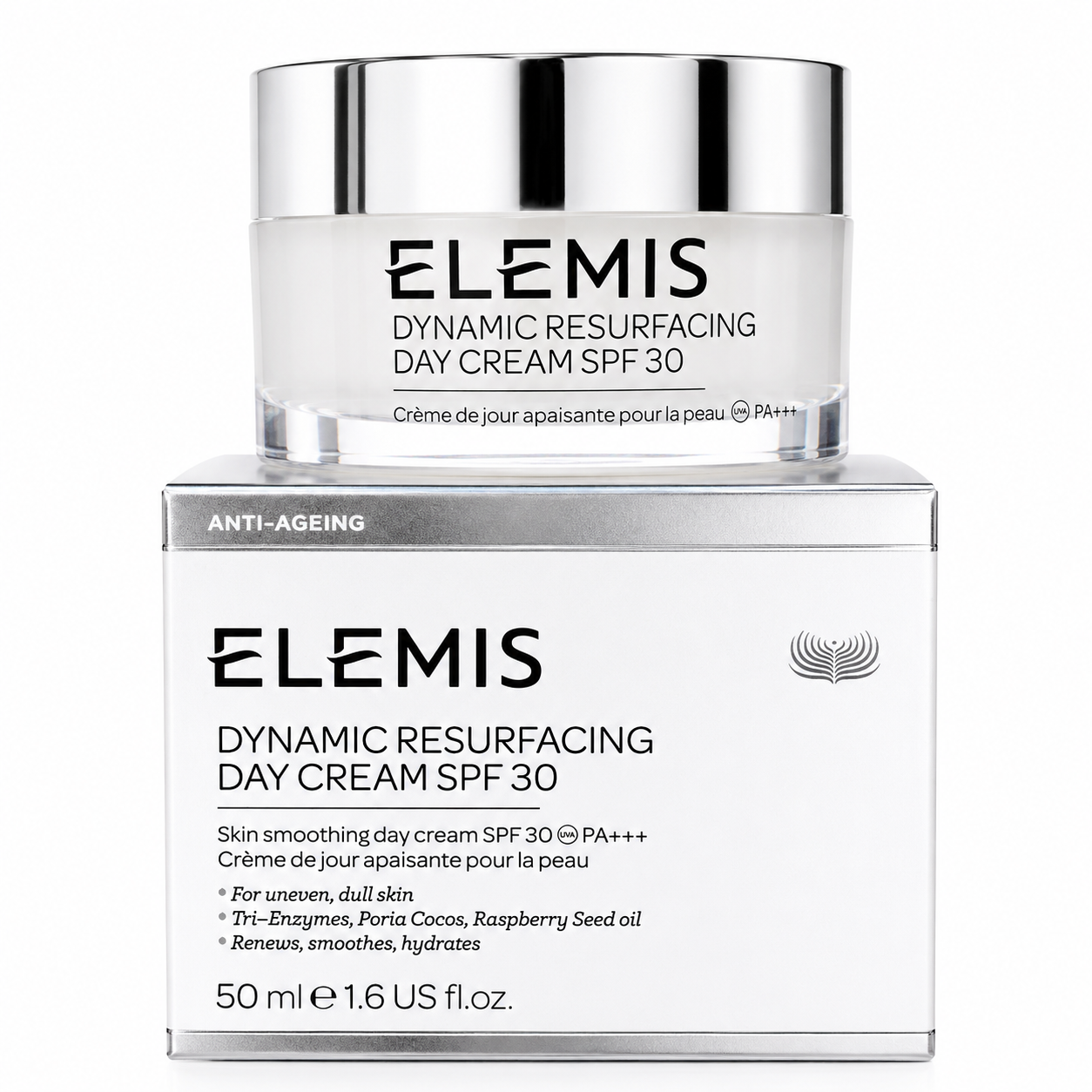 Elemis Dynamic Resurfacing Day Cream SPF 30 with packaging on a white background