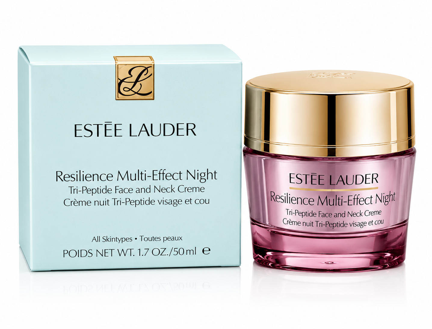 Estée Lauder Resilience Multi-Effect Night cream jar and packaging on a white background