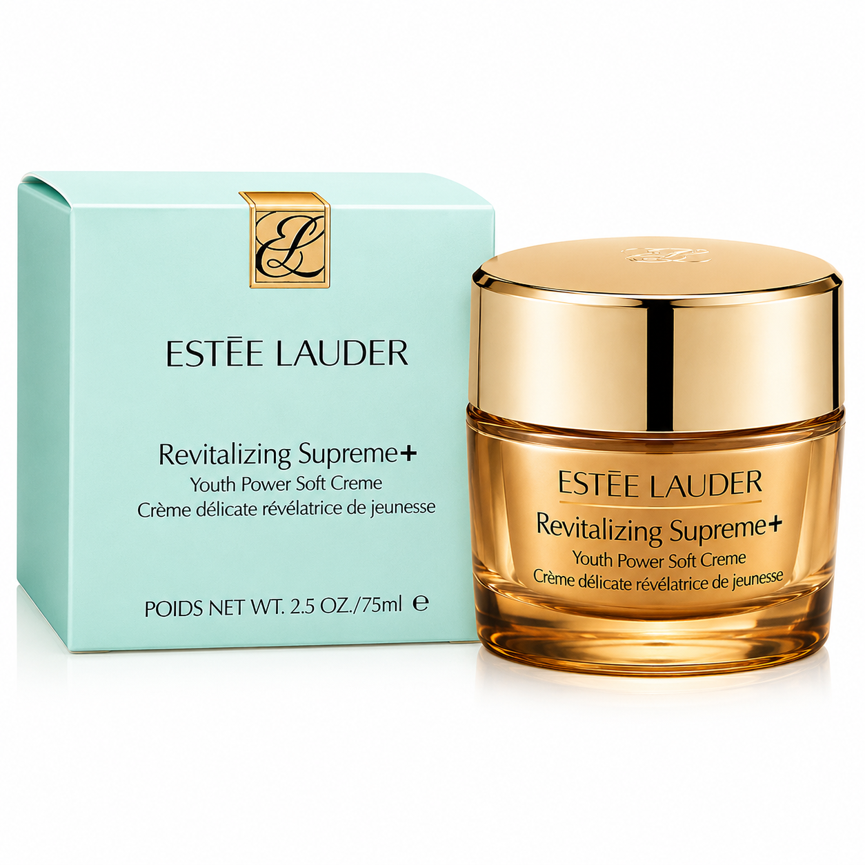 Estée Lauder Revitalizing Supreme+ cream jar and packaging on a white background