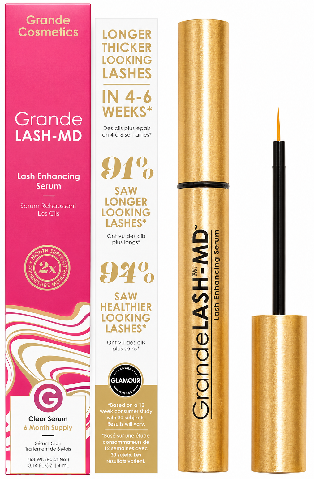 Grande Cosmetics Lash MD serum packaging and applicator on a white background