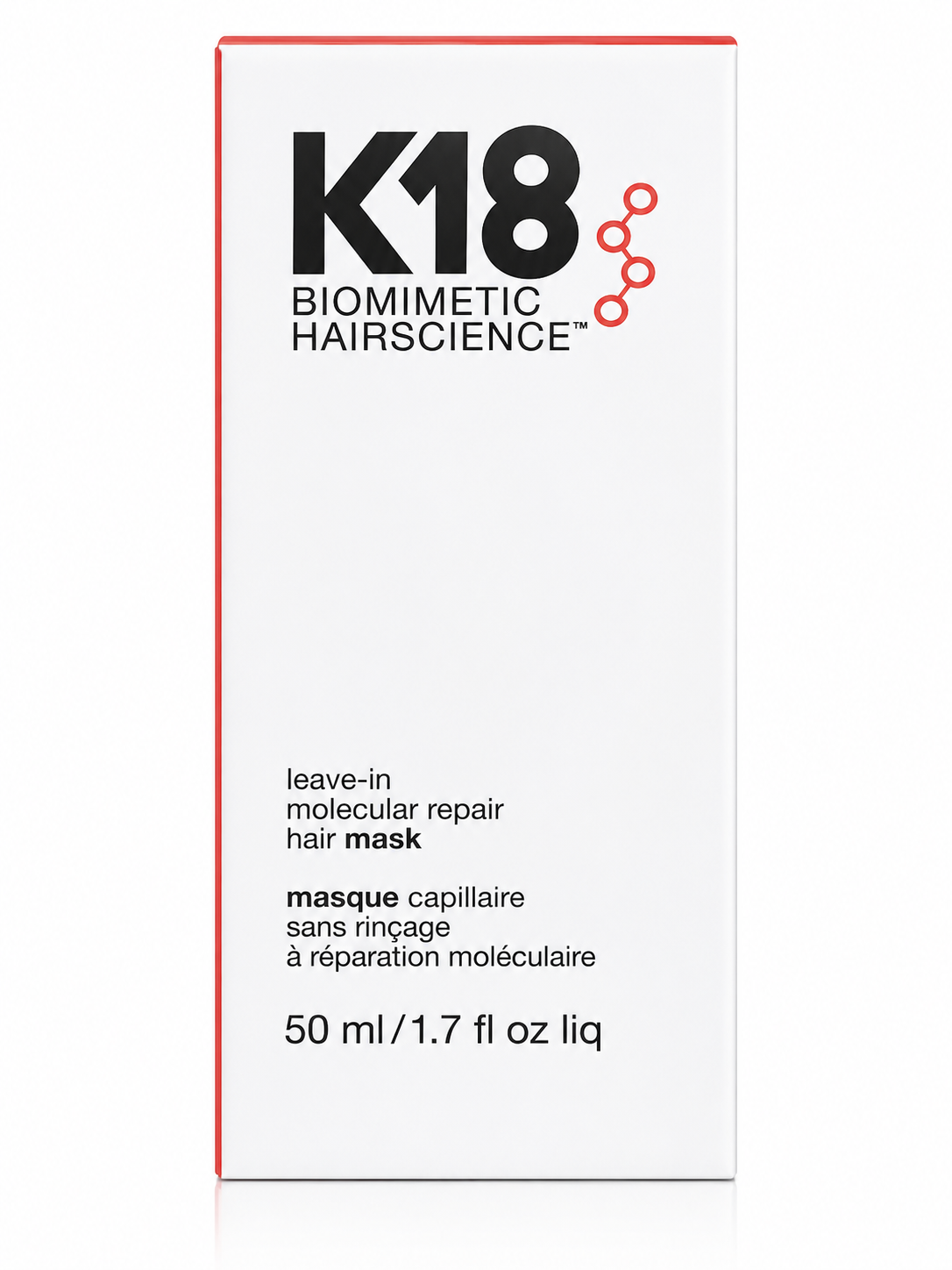 K18 Biomimetic Hairscience leave-in molecular repair hair mask packaging on a white background