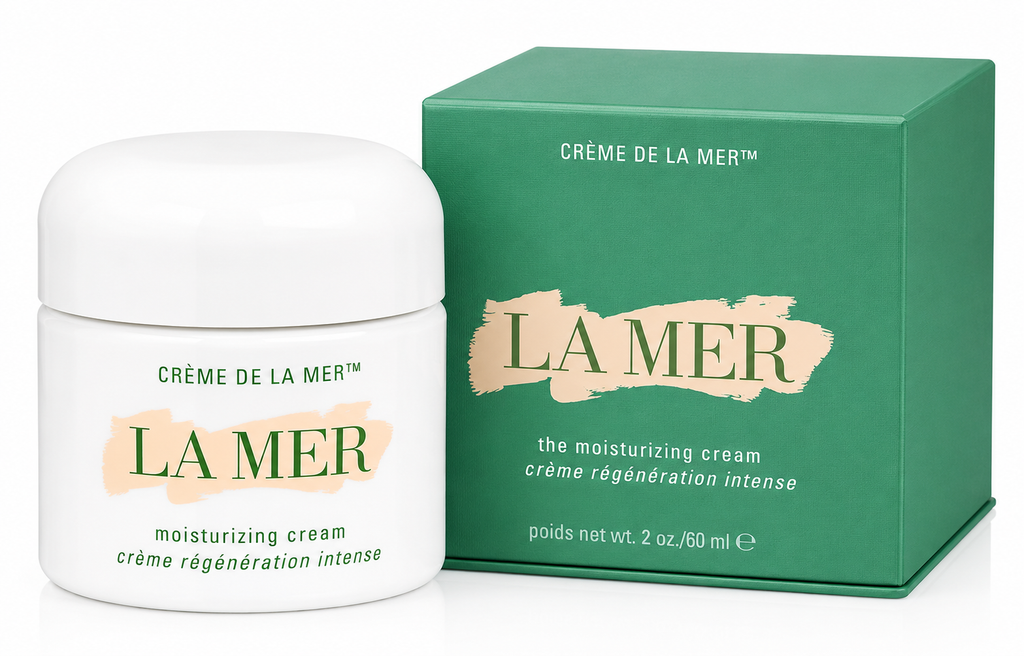 La Mer moisturizing cream jar and packaging on a white background