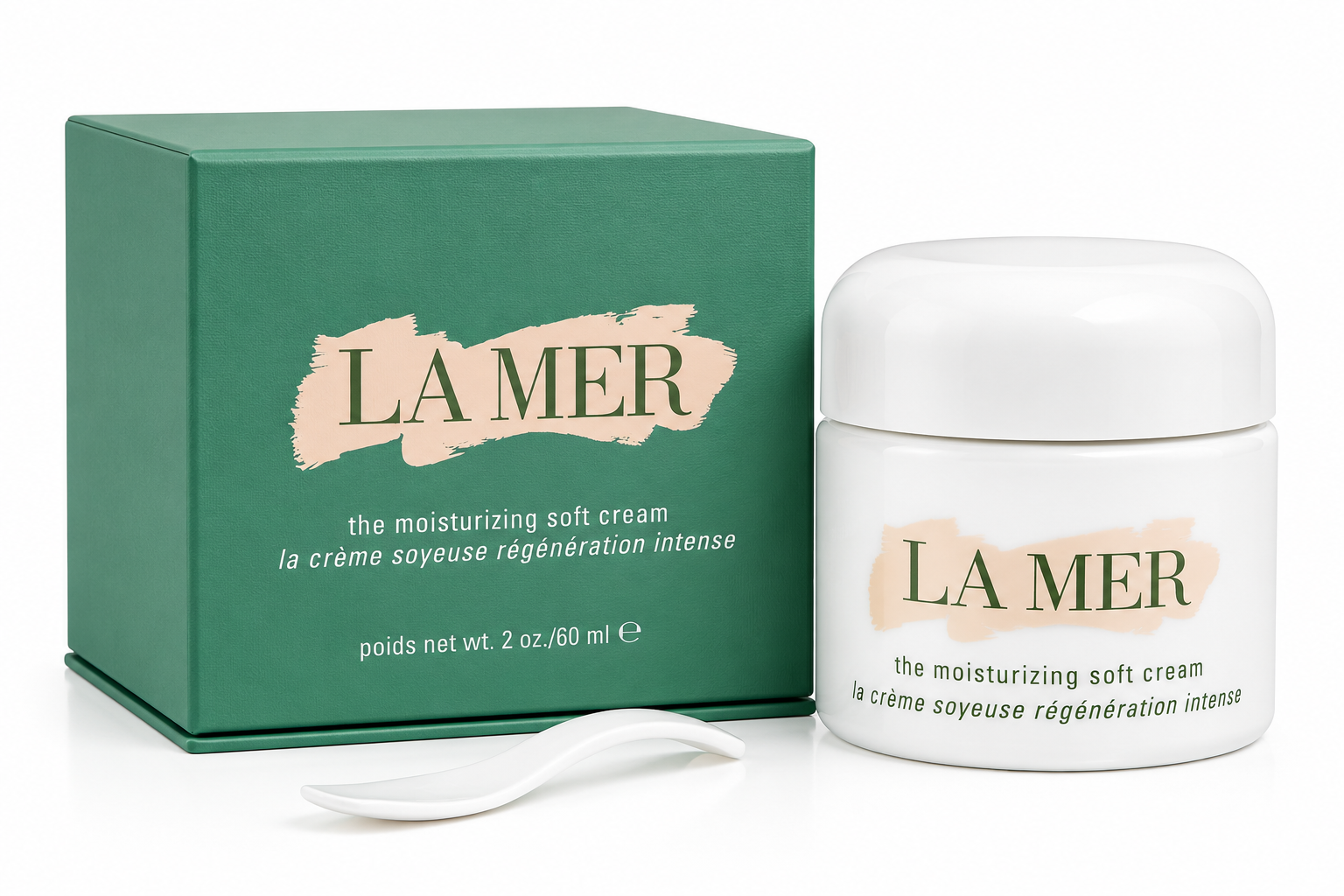La Mer moisturizing soft cream jar and packaging on a white background