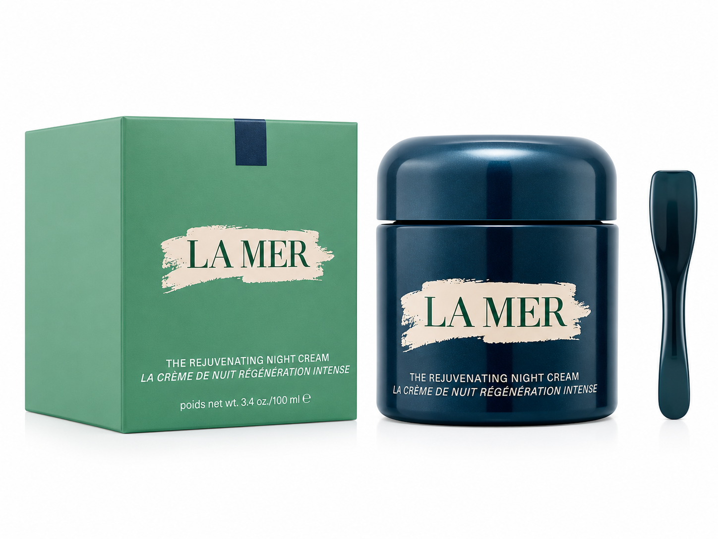 La Mer night cream jar and packaging on a white background