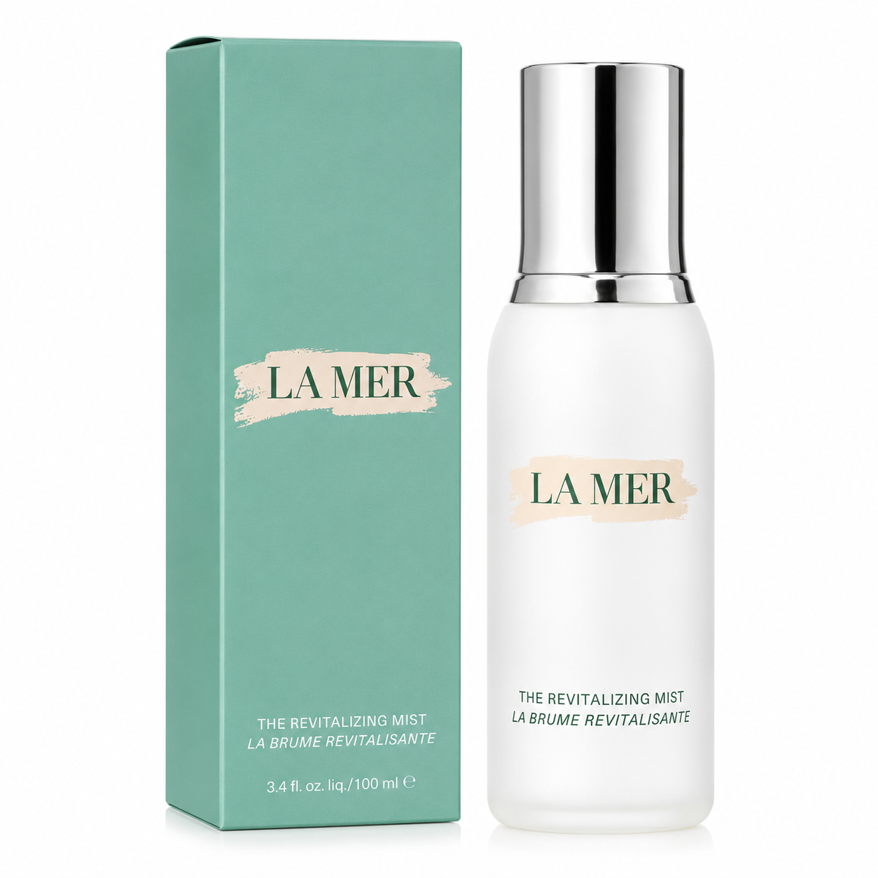 La Mer revitalizing mist bottle and packaging on a white background