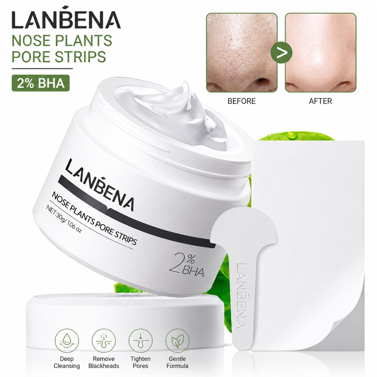 LANBENA nose plants pore strips packaging with before and after effect on skin.