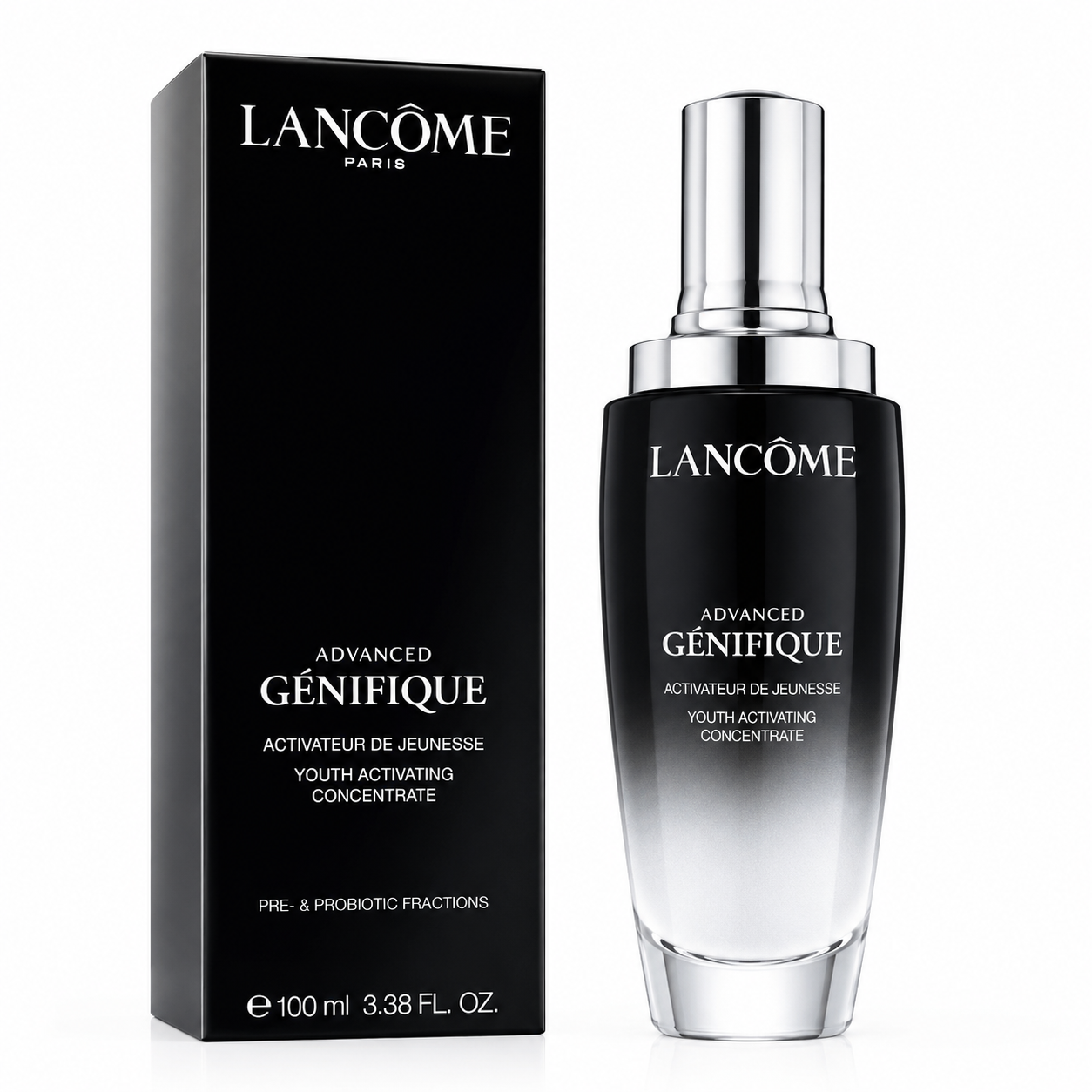 Lancème Advanced Génifique skincare concentrate bottle and packaging on a white background