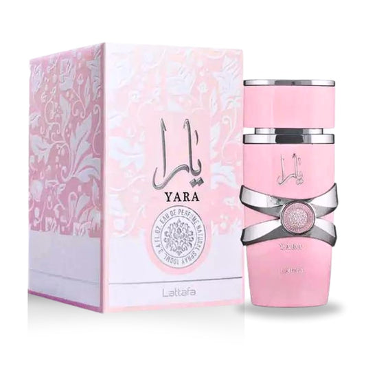 Pink perfume bottle and packaging with 'Yara' branding on a white background