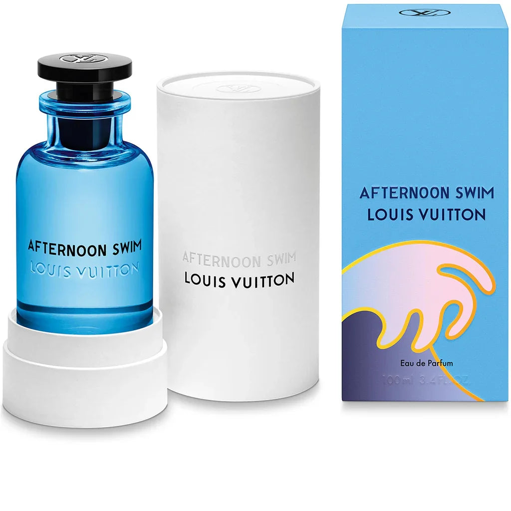 Louis Vuitton 'Afternoon Swim' perfume set with bottle, tube, and packaging on a white background