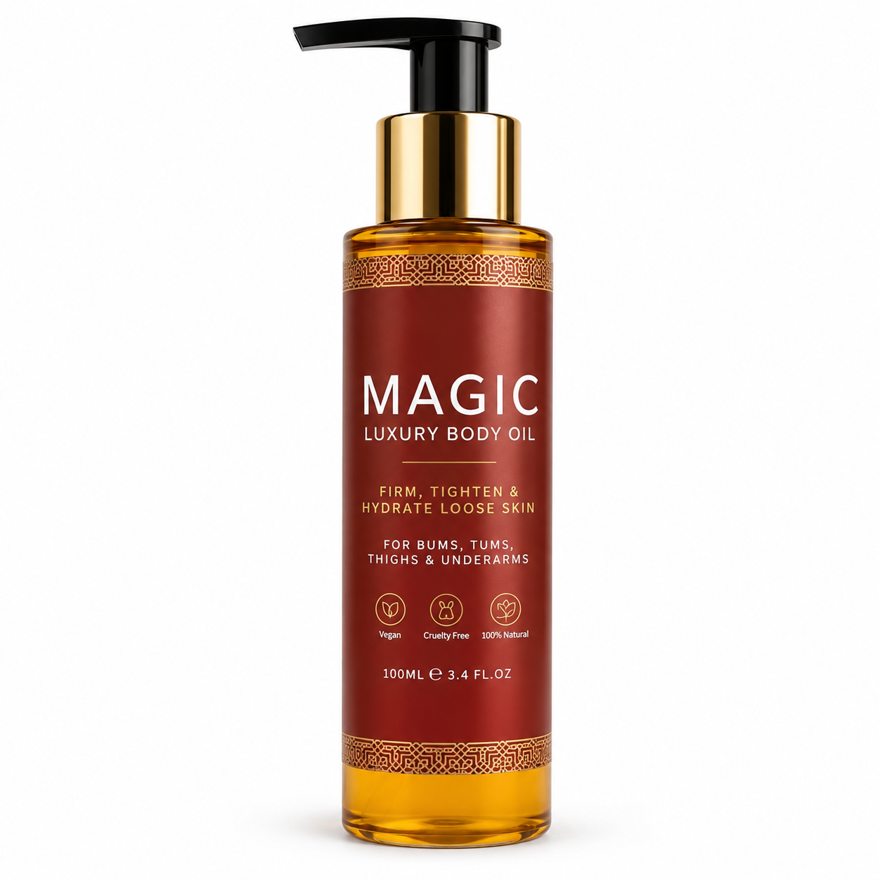 Bottle of Magic Luxury Body Oil with a pump on a white background
