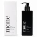 Black shampoo bottle and white box labeled 'mane' on a white background