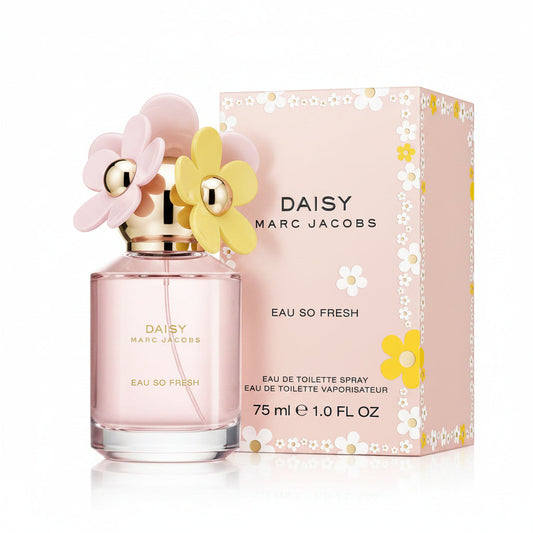 Marc Jacobs Daisy Eau So Fresh perfume bottle and packaging with floral design.