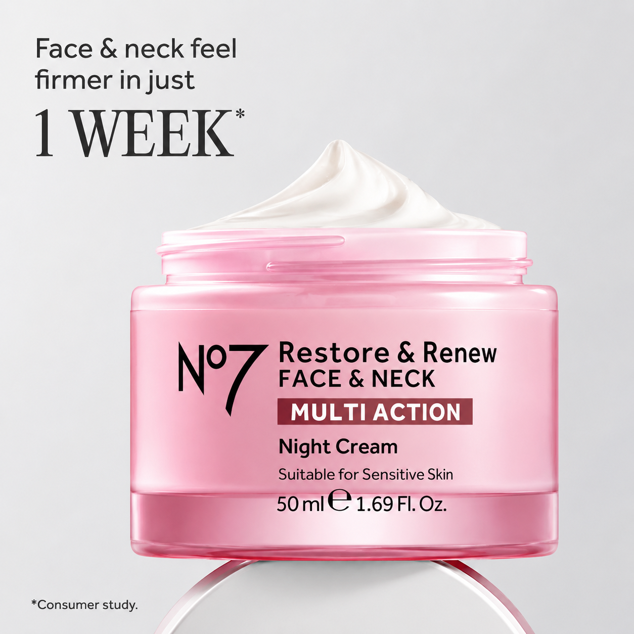 Pink jar of No7 Restore & Renew Face & Neck Multi Action Night Cream on a light gray background