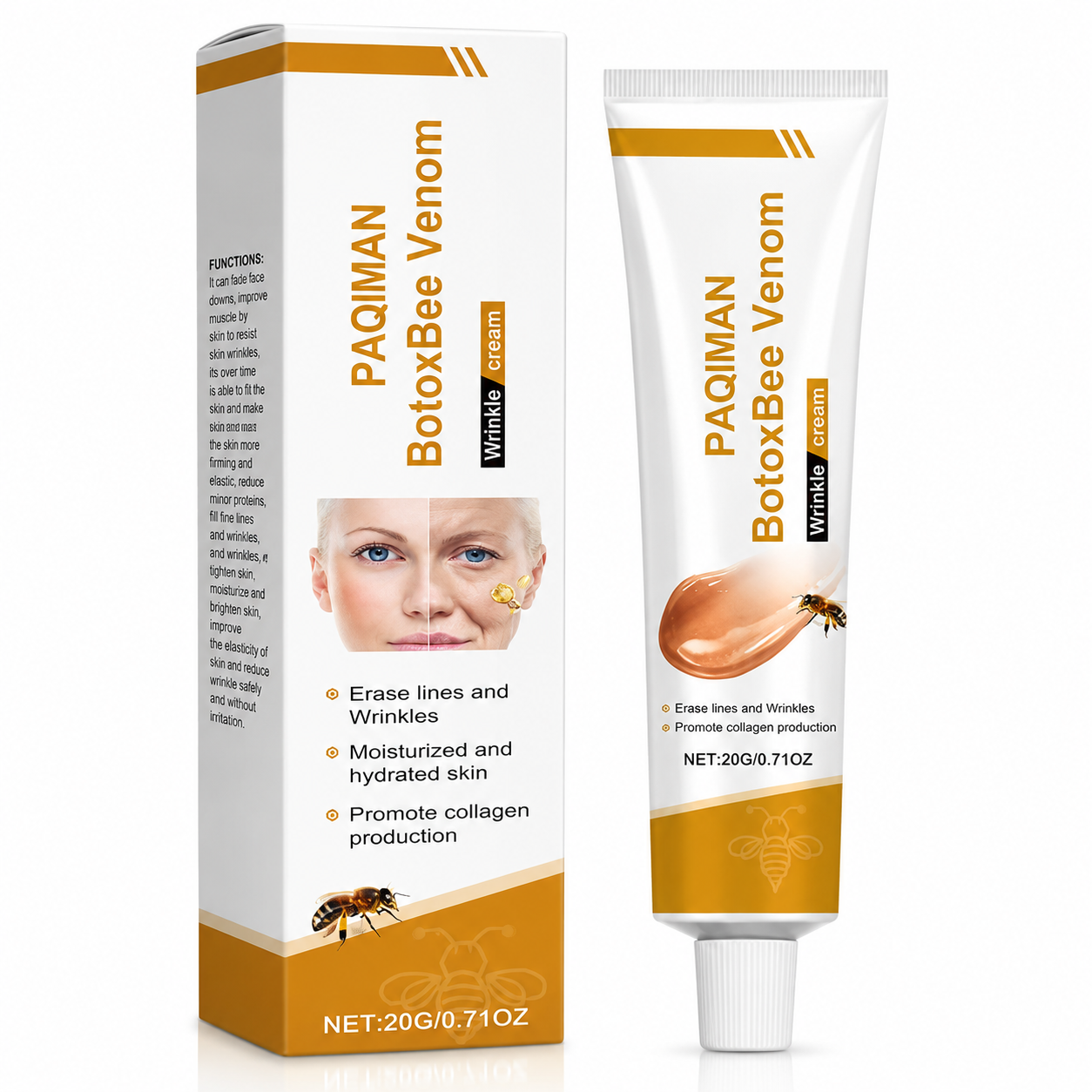 PAQMAN BotoBee Venom Wrinkle cream shown as a white squeeze tube next to its matching retail box, featuring orange and yellow graphics, a bee illustration, and a photo of a woman's face on the packaging.