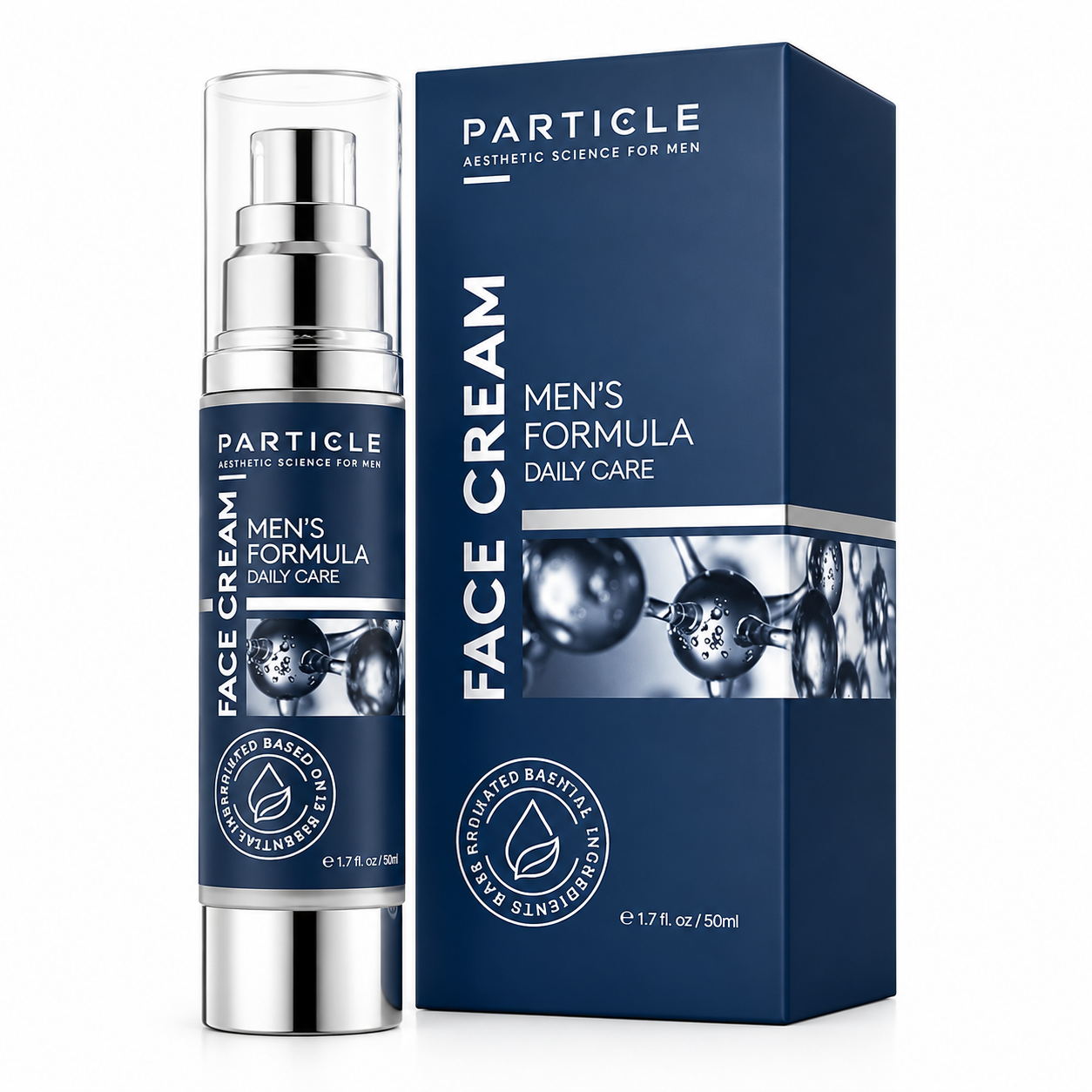 Particle men's face cream with packaging on a white background