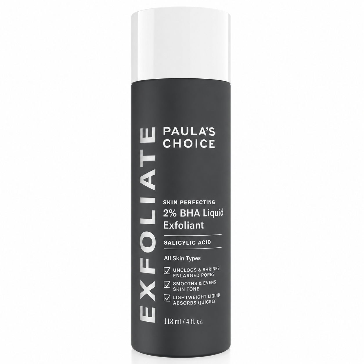 Bottle of Paula's Choice Exfoliate Skin Perfecting 2% BHA Liquid Exfoliant on a white background