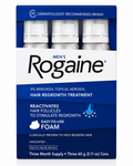 Men's Rogaine hair regrowth treatment packaging with blue and white design.