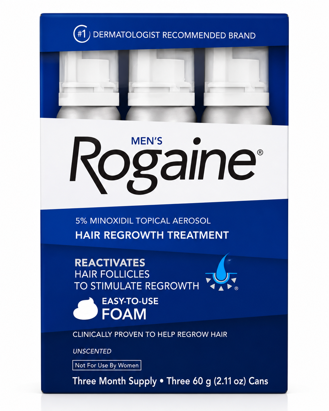 Men's Rogaine hair regrowth treatment packaging with blue and white design.