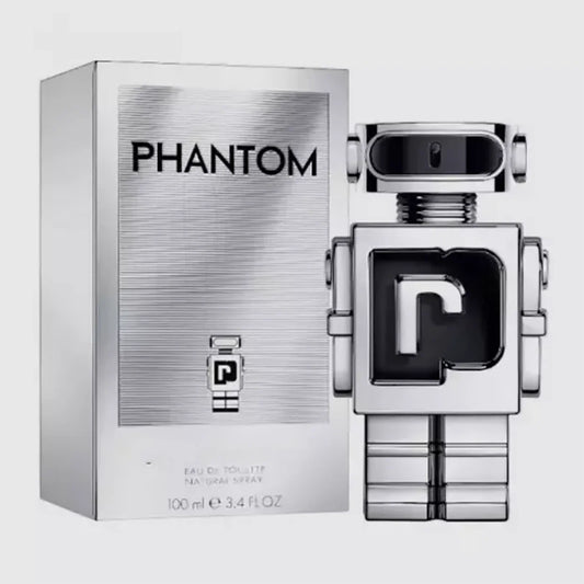 Perfume bottle and packaging of 'Phantom' on a white background