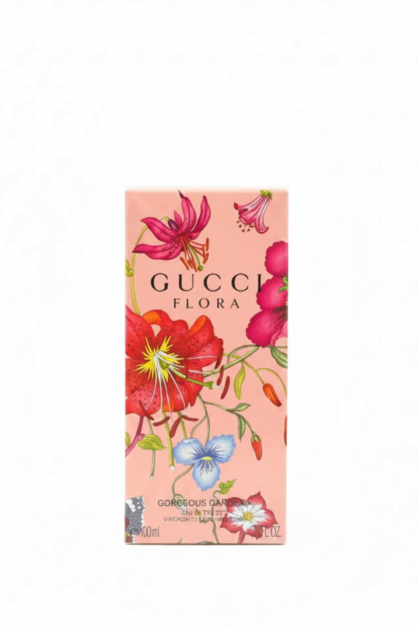 Gucci Flora perfume box with floral design in a store setting