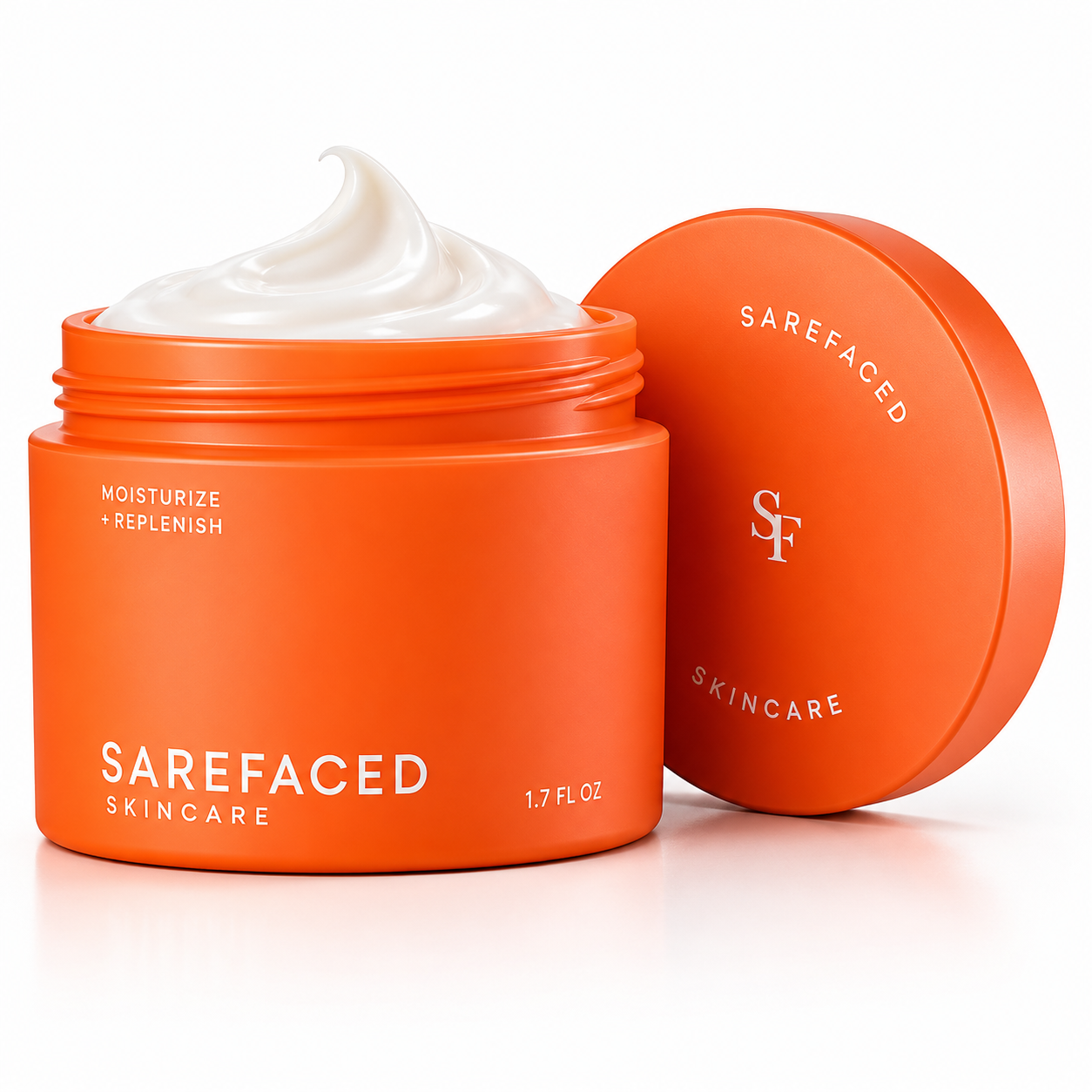 Orange skincare jar with white cream and 'Sarefaced Skincare' branding on a white background