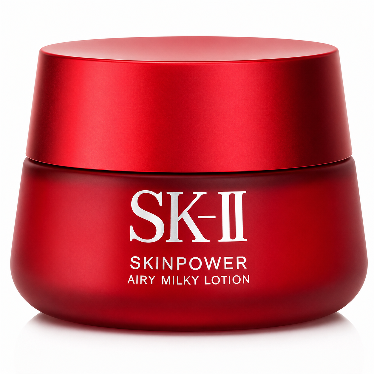 Red jar of SK-II Skinpower Airy Milky Lotion on a white background