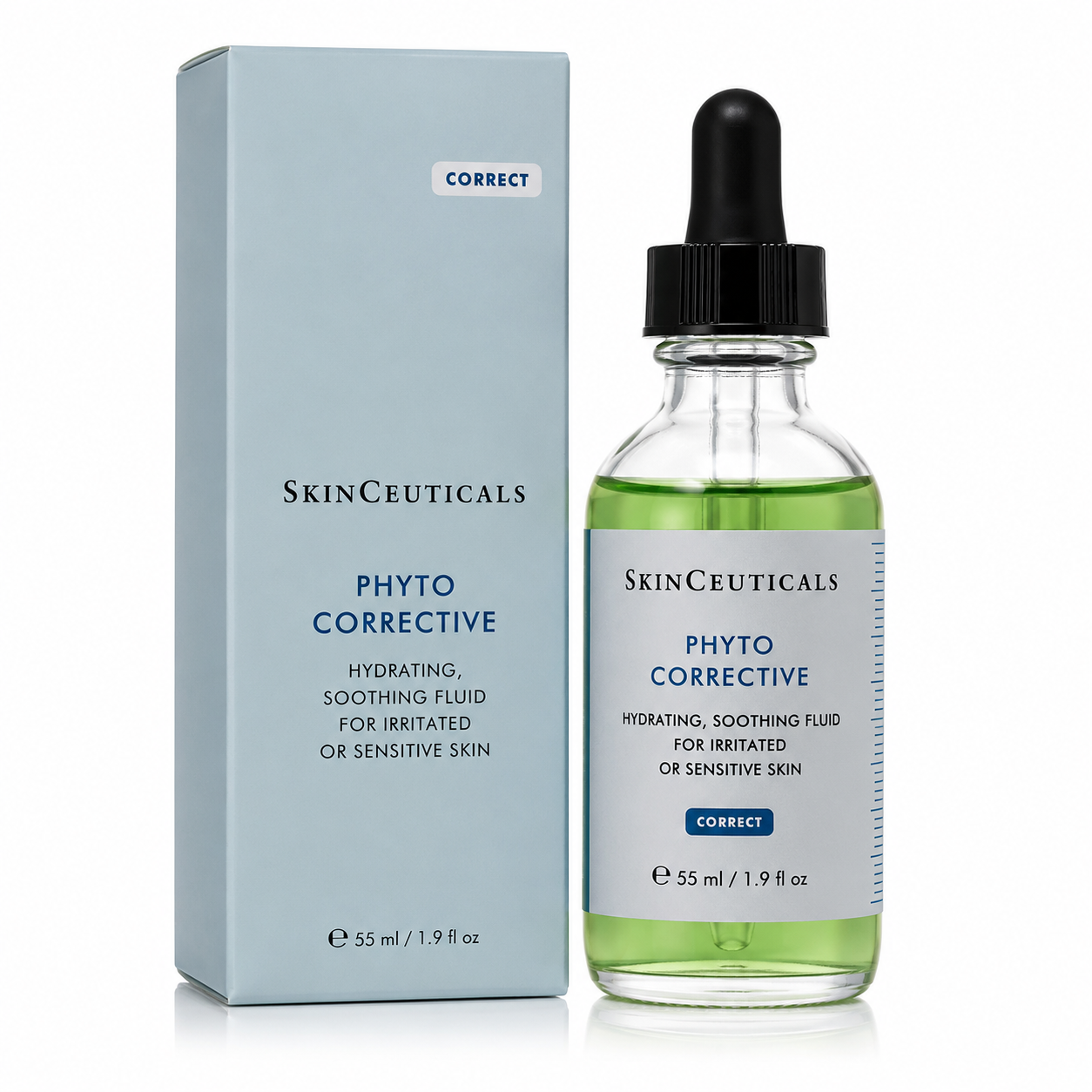 SkinCeuticals Phyto Corrective hydrating soothing fluid in a clear glass dropper bottle next to its light blue packaging box, on a white background.