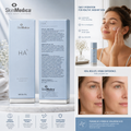 SkinMedica HA5 Retaining Serum advertisement showing the product packaging, a woman applying serum to her face, before-and-after skin results, and informational text panels.